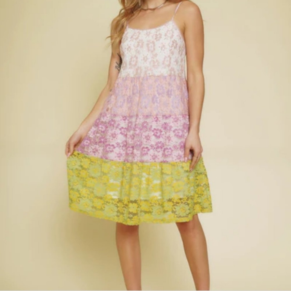 Mystree Tiered Lace Cami Dress Large‎ Pastel Multi